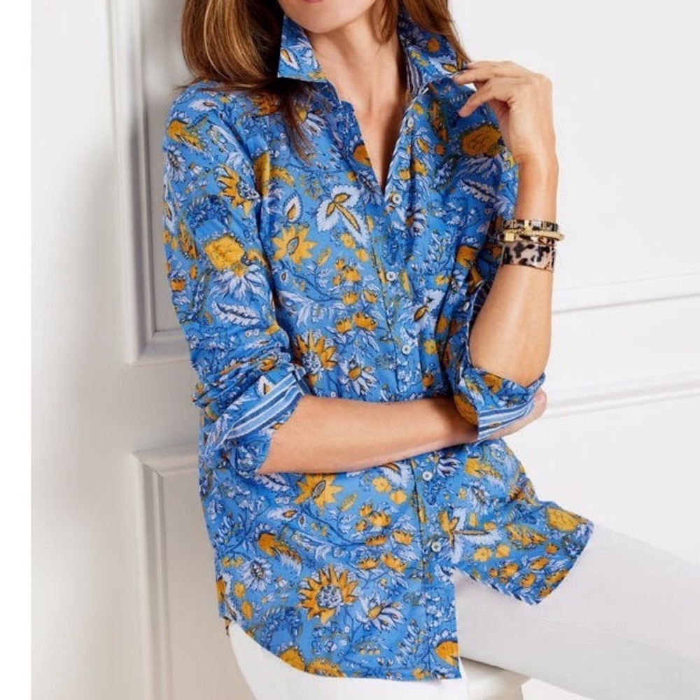 Talbots Watercolor Botanical Floral Cotton Button Down Shirt Art To wear XL